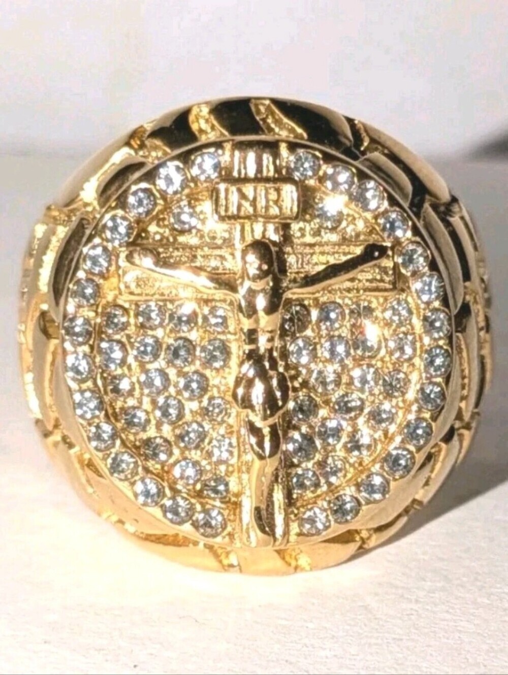 3Ct Round Cut White Moissanite Men's 14K Yellow Gold Plated Jesus Crucifix Ring